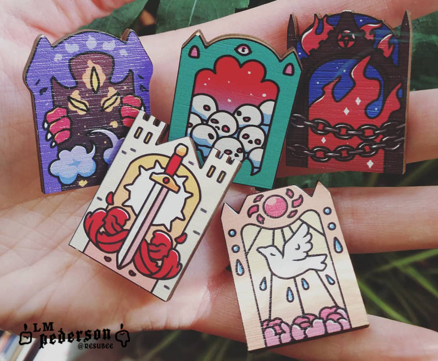 wooden holy/unholy symbol pins